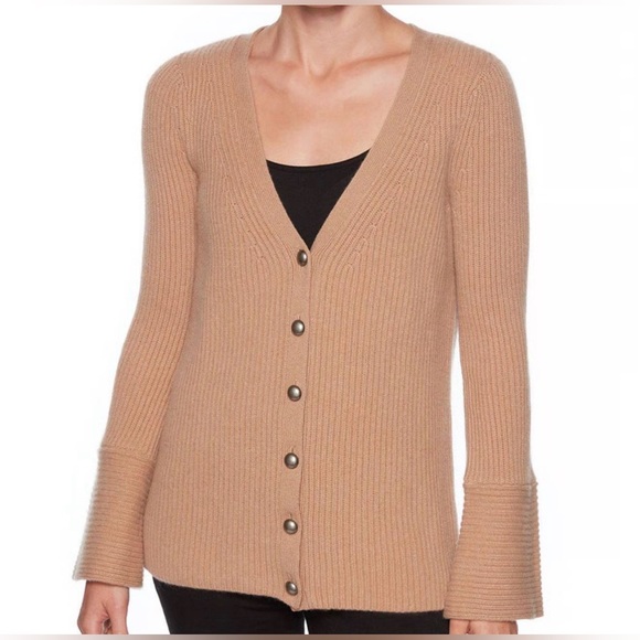Magaschoni 100% Cashmere Ribbed V-Neck Button Front Cardigan – Camel – Size M